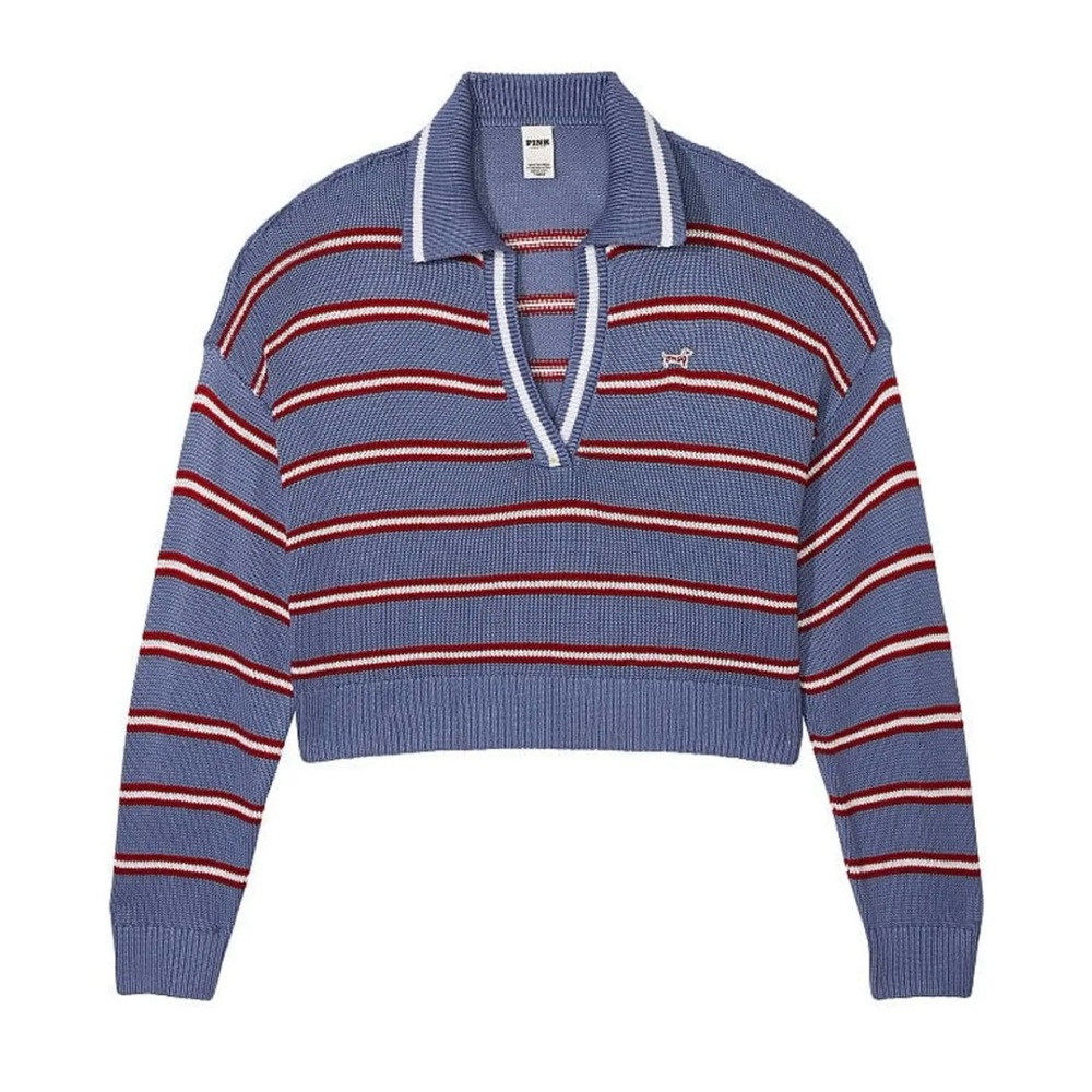 PINK Victoria's Secret Blue and Red Striped V-Neck Sweater